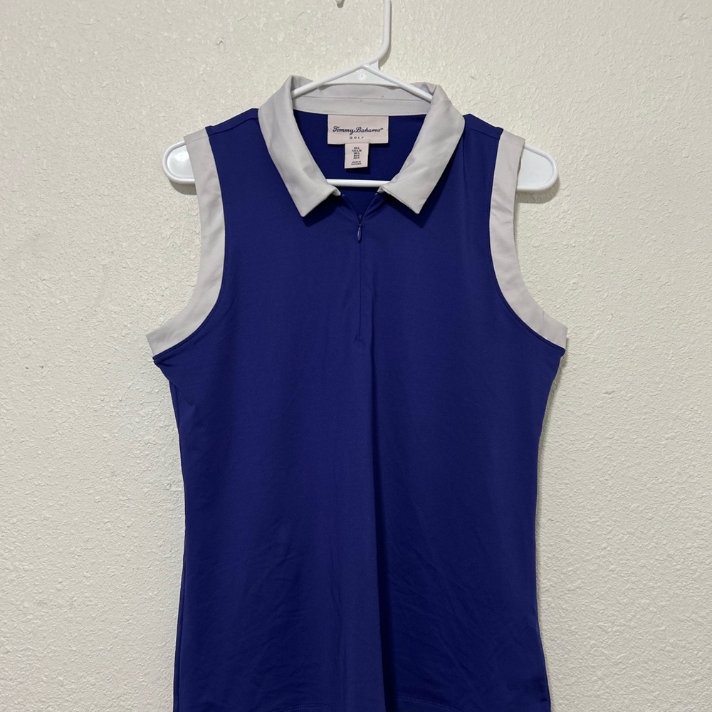 Women's Tommy Bahama Golf Sleeveless‎ Polo Shirt L Navy/White Polyester Stretch